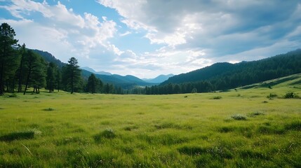 Naklejka premium Expansive Green Meadow Surrounded by Majestic Mountains Under a Bright Blue Sky : Generative AI