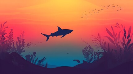 Obraz premium Silhouetted shark swimming, colorful gradient sunset backdrop, vibrant ocean scene, calming aquatic theme, space for text.