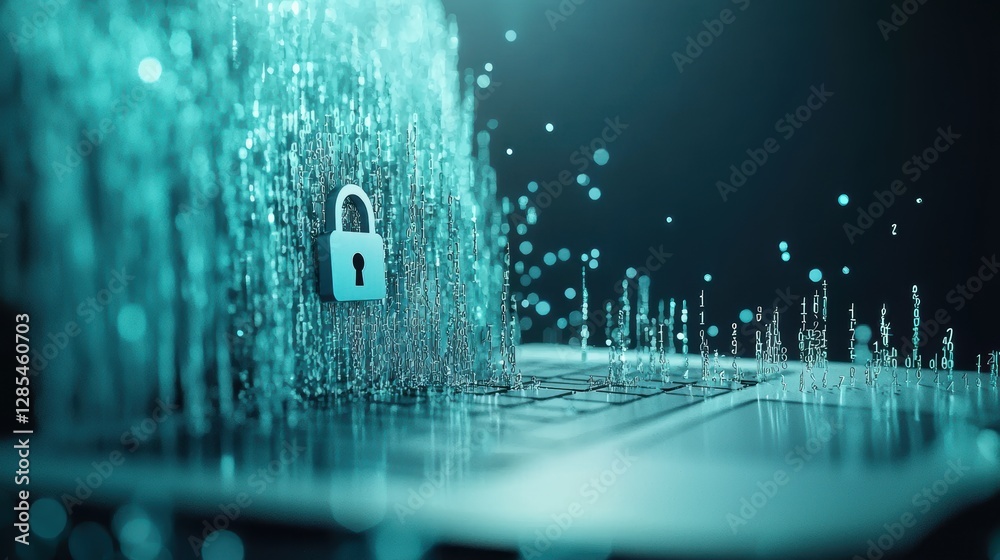 Poster a close up shot of a laptop screen displaying lines of encrypted code flowing across a dark backgrou