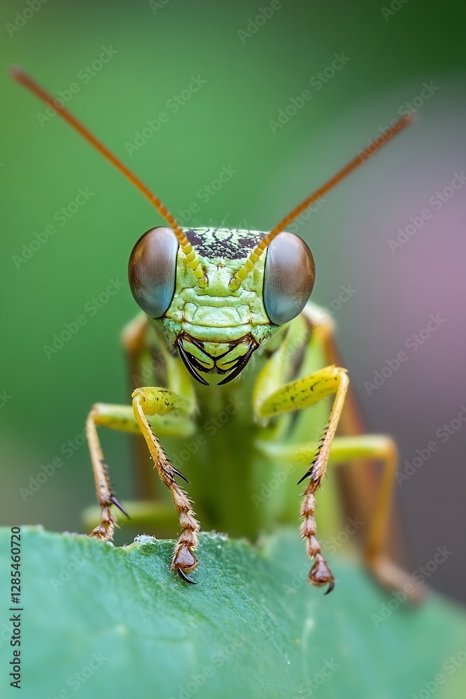 Poster detailed close-up of a vibrant green grasshopper on leaf in natural environment : generative ai
