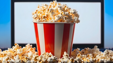 A conceptual and imaginative image depicting a giant popcorn bucket placed in front of a blank outdoor movie screen creating the illusion that it is part of the cinematic set or installation