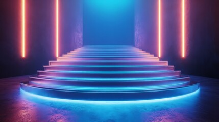 Empty winners podium with crystal-clear acrylic steps, light reflections creating a glowing effect in an upscale venue