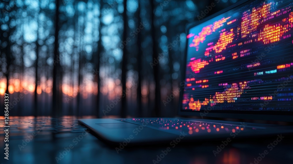 Poster a panoramic shot of a developer workstation with multiple monitors displaying different aspects of a