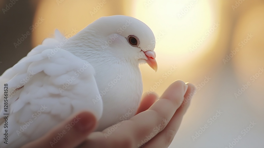 Poster gentle white dove perched on hand with soft light in the background : generative ai