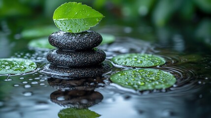 Zen stones, leaf, water, reflection, spa, serenity, peace, nature, wellness, background