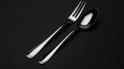 Silverware Set: A close-up studio shot of a sleek, modern fork and spoon set on a dark, reflective surface, highlighting their polished metallic finish and elegant design.