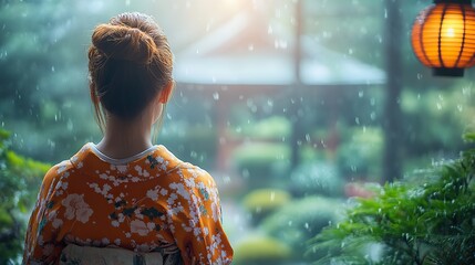 A woman in a kimono is looking out a window at a peaceful Japanese garden, appreciating the beauty of nature