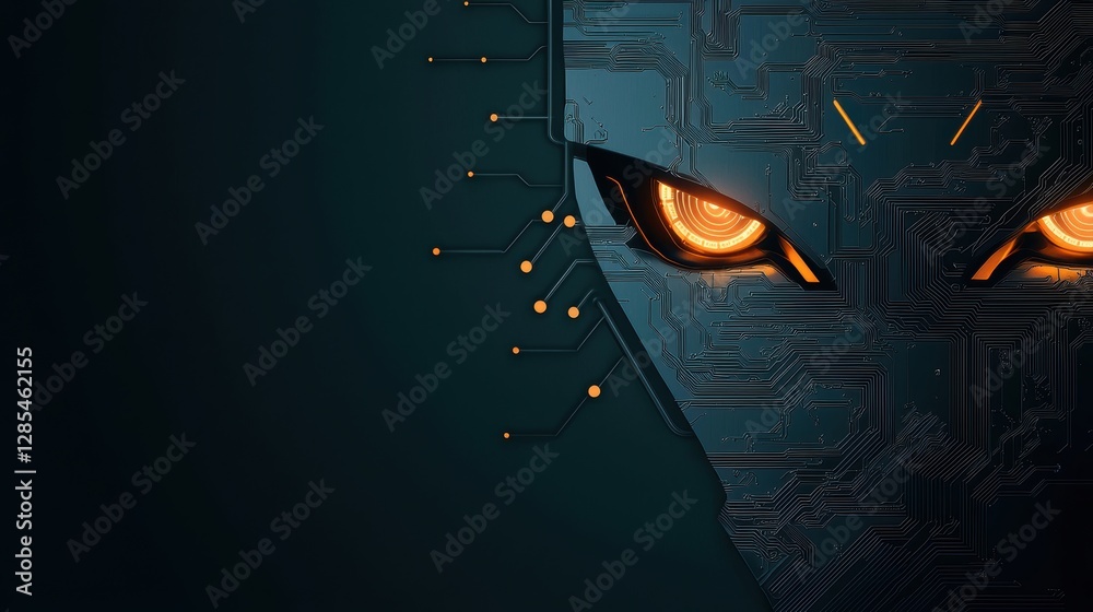 Poster an abstract representation of an ai entity with glowing eyes and circuits, evoking both wonder and c