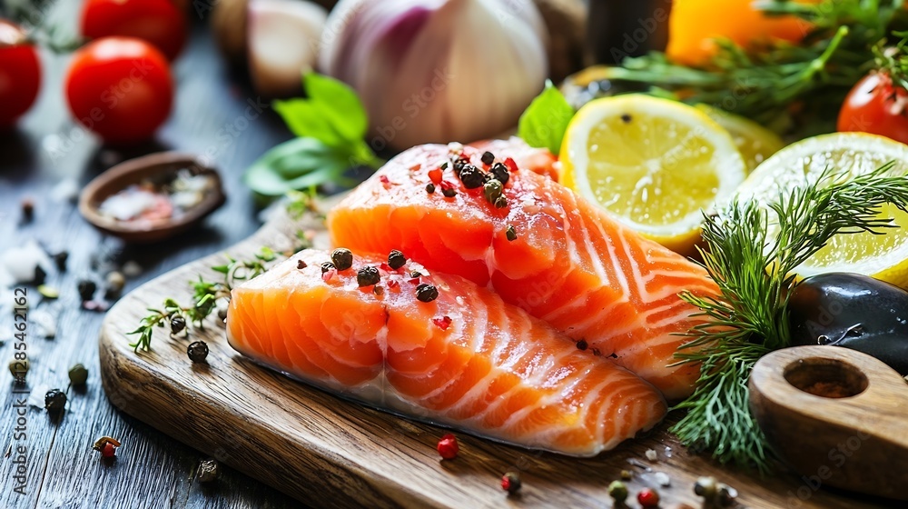 Poster fresh salmon fillets with herbs and slices of lemon on a wooden board : generative ai