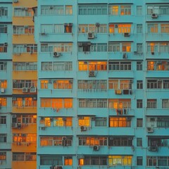 Colorful apartment buildings at sunset.