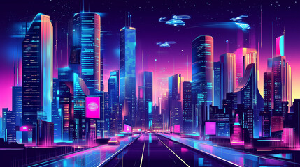 Fototapeta premium A futuristic cyberpunk city skyline at night, with towering skyscrapers illuminated by neon lights in pink, blue, and purple