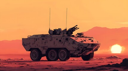 Armored vehicle at sunset, military truck on rugged terrain silhouetted against vibrant horizon, evoking resilience and strength.