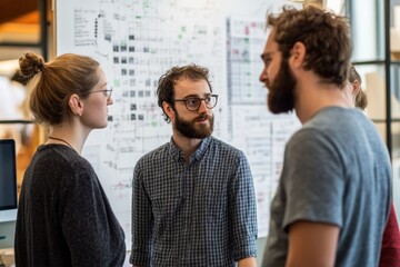 Obraz premium Colleagues discuss data processing strategies in an office setting, data processing and diagrams over caucasian colleagues talking in office