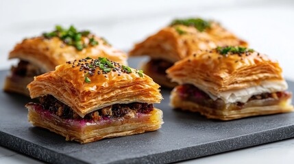 Gourmet Puff Pastry Bites, Close-up, Dark Stone Board, Appetizer, Delicious