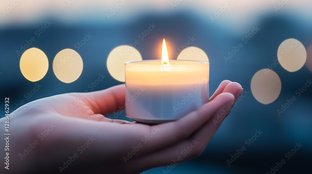 Aufkleber Elegant Hand Holding a Lit Candle with Bokeh Lights in the Background for Serenity and Calm : Generative AI
