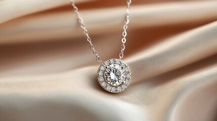 Fototapeta premium Elegant Diamond Necklace on Soft Satin Fabric Displaying Luxury and Style : Generative AI