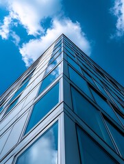 Modern Building with Glass Facade Against Bright Blue Sky and Fluffy Clouds in Urban Landscape : Generative AI
