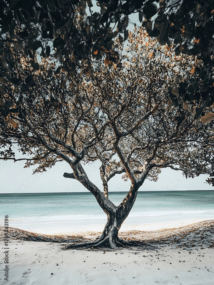 Poster Calm Beach Tree Framing a Serene View of the Ocean in a Tranquil Setting for Relaxation and Nature Lovers : Generative AI