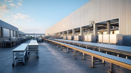 Fototapeta premium A highly detailed and 3D render showcasing an assembly line for color coated metal roofing sheets in a modern industrial warehouse or factory setting The image depicts the efficient production