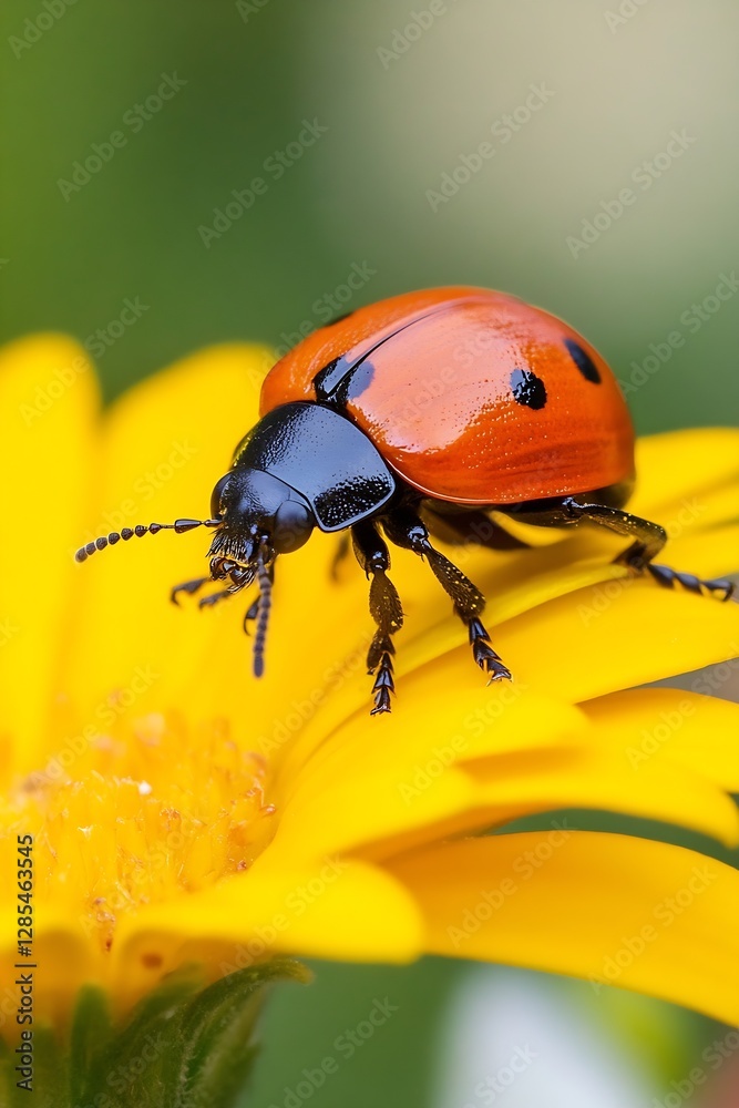 Poster close up of a ladybug perched on a bright yellow flower collecting nectar in a sunny garden : genera