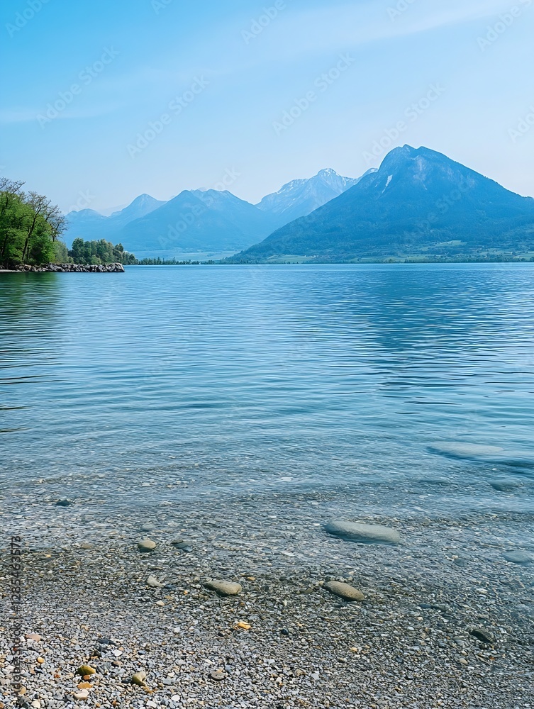 Poster serene view of clear lake surrounded by green trees and distant mountains under a bright blue sky : 