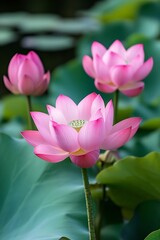 Obraz premium Stunning lotus flowers in full bloom surrounded by green leaves symbolizing beauty and tranquility : Generative AI