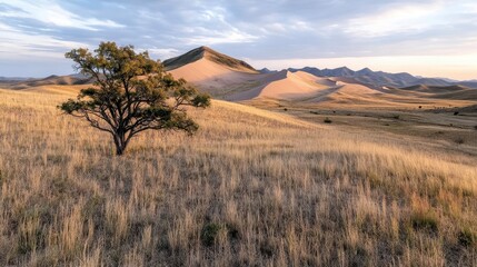 Naklejka premium Lonely Tree In Golden Field At Sunset, Rolling Hills Landscape
