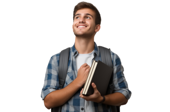  Young, smiling man, a student with a backpack, holding a book and looking up, isolated on a transparent background
