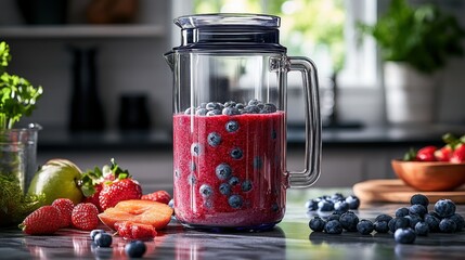 Blueberry smoothie preparation in a kitchen, fresh fruit in background