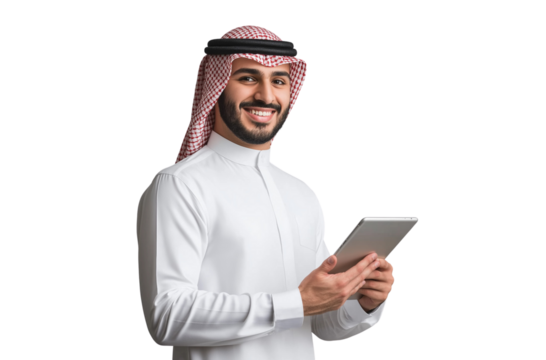 A handsome young smiling Saudi man wearing business casual is holding an iPad and standing in front of the camera, with a transparent background (2)