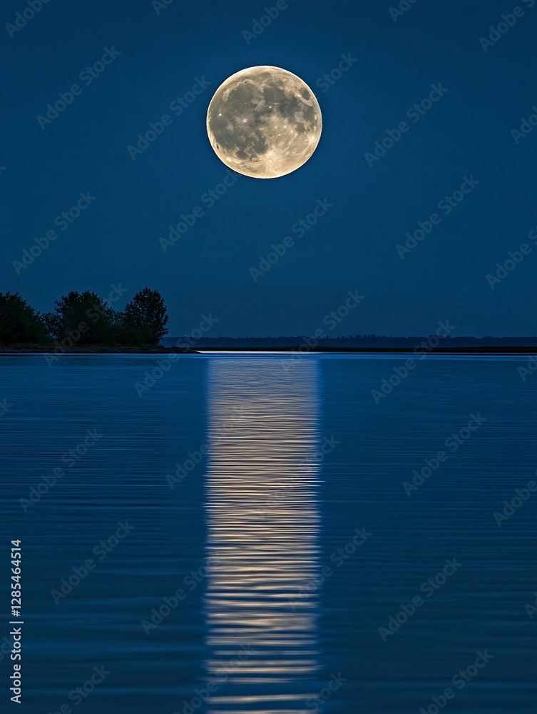 Poster majestic full moon reflecting over calm waters at night creating a serene and tranquil landscape : g
