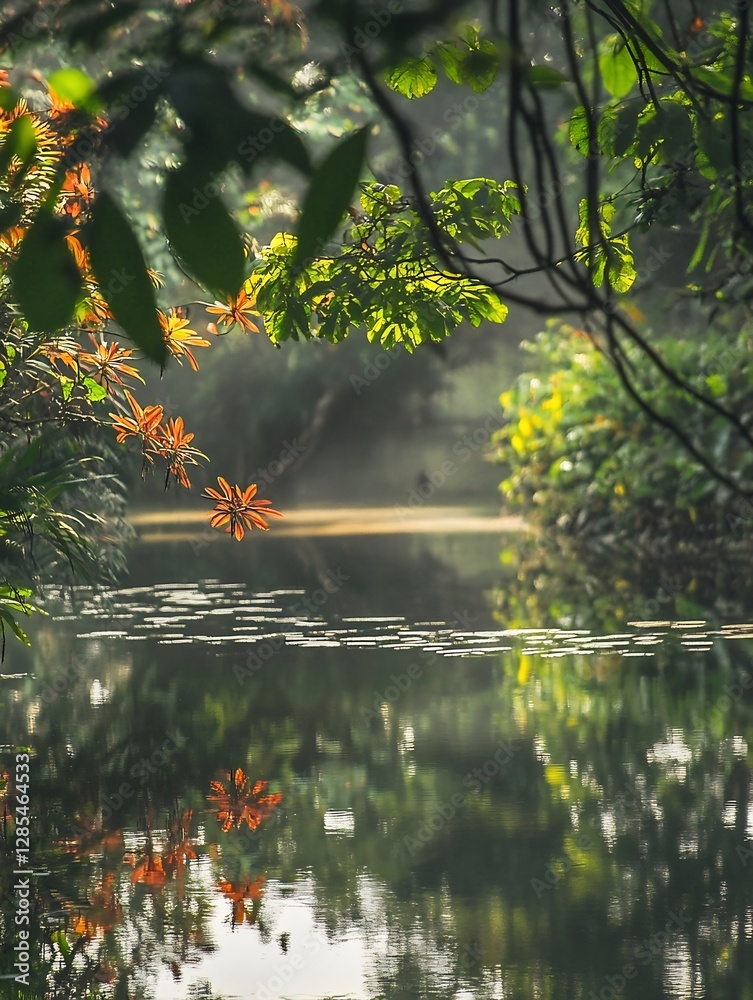 Poster serene lakeside view with colorful flora and reflections in calm waters for nature lovers : generati