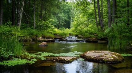 Serene Forest Stream Surrounded by Lush Greenery and Rocks in a Tranquil Natural Setting : Generative AI