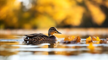Graceful Duck Swimming Through Serene Autumn Waters : Generative AI