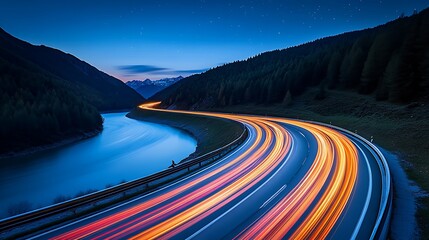 Night highway, light trails, mountain landscape