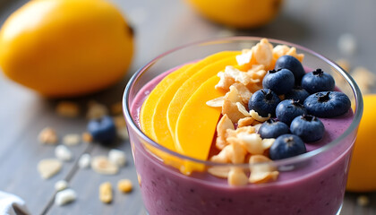 Vegan smoothie bowl, mango, blueberries, coconut chips, glass bowl, bright colors, natural lighting