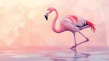 Fototapeta premium Elegant flamingo walking gracefully, vibrant pink feathers reflecting in calm water, nature theme with serene background.