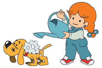 Girl washes dog from watering can.