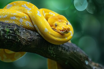 Yellow tree python snake on branch, snake on branch, reptiles closeup