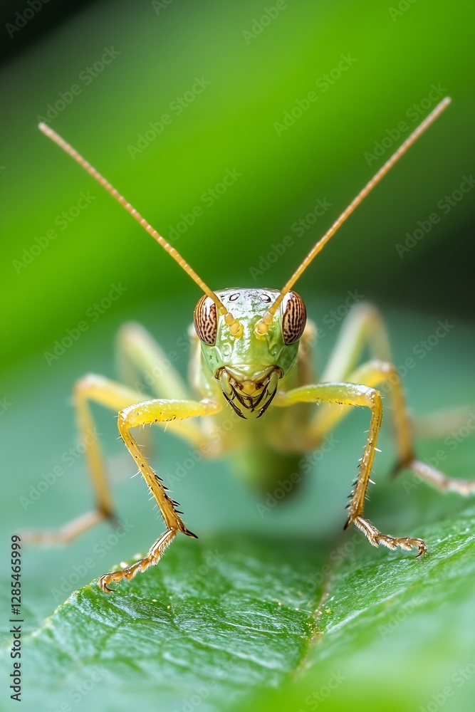 Poster close up macro photo of a green cricket on a vibrant green leaf highlighting its intricate details a