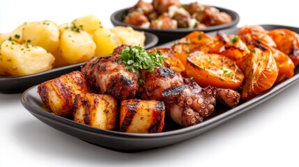 Fototapeta premium Grilled octopus, potatoes, and tomatoes tapas platter