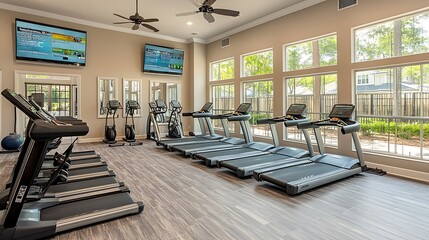 A modern fitness center equipped with treadmills and televisions