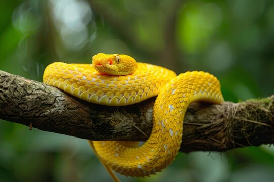 Yellow viper snake on branch, yellow white-lipped pit viper, Trimeresurus insularis, endemic snake of Indonesia