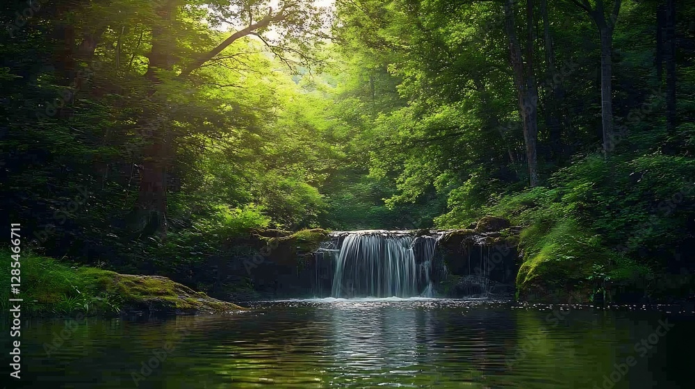 Poster peaceful forest scene with waterfall surrounded by greenery : generative ai