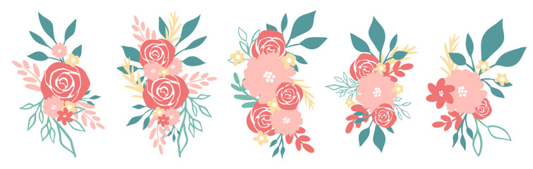 Elegant floral design combining delicate pink flowers and natural elements. Flower arrangements are perfect for wedding cards, booklets, postcards and other layouts.Vector illustration