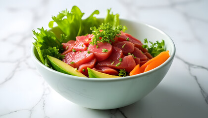 Zooge Bowl with tuna, micro greens, avocado, white marble background, clean composition