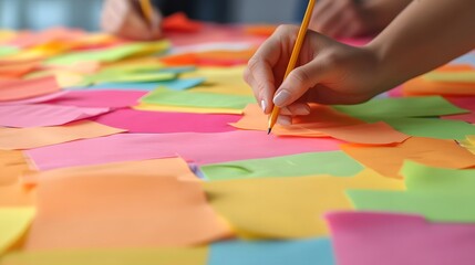 Naklejka premium Colorful hands writing on documents during a collaborative strategy meeting in the office
