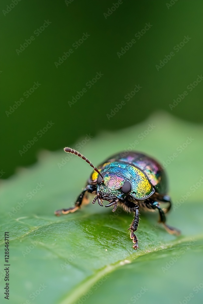 Poster stunning macro shot of colorful beetle crawling on leaf in nature : generative ai