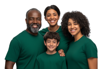A realistic photo of a happy, mixed-race family a father and mother with their two sons isolated on transparent background