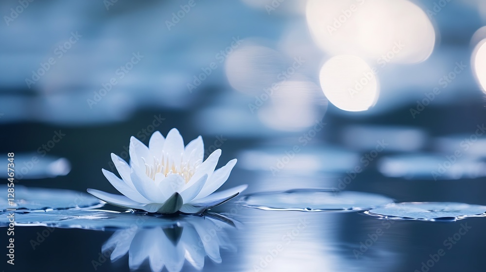Poster delicate white lotus blossom floating gently on calm water surface : generative ai